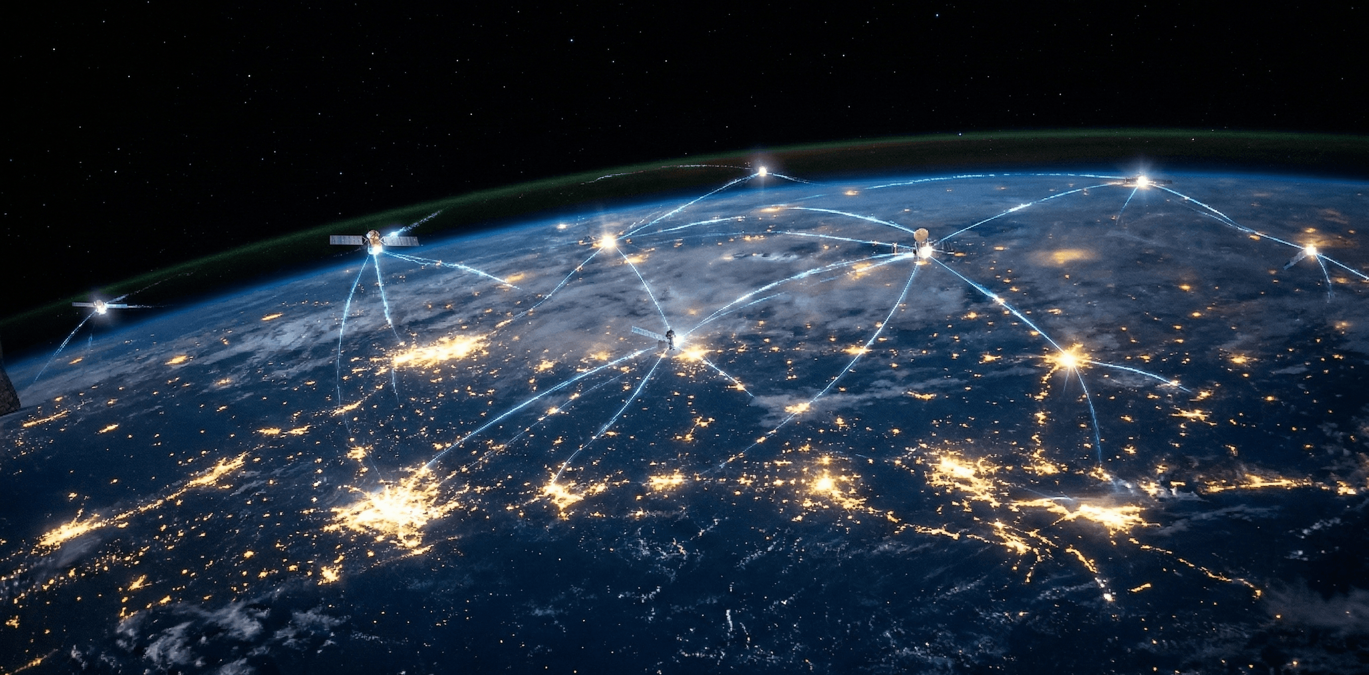 Satellite constellation connected over Earth at night